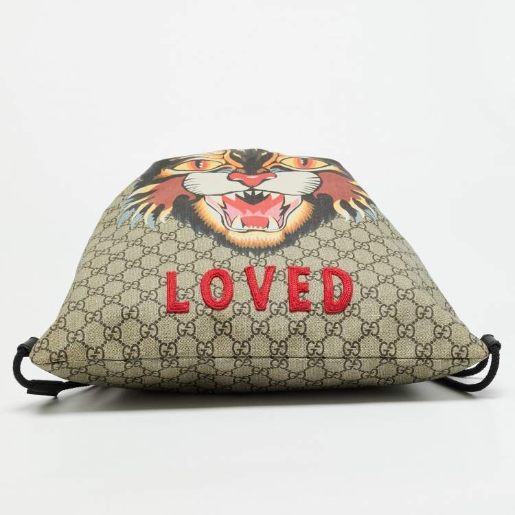 Pre Owned Gucci Angry Cat Beige/Black GG Supreme Canvas and Fabric Drawstring Backpacks