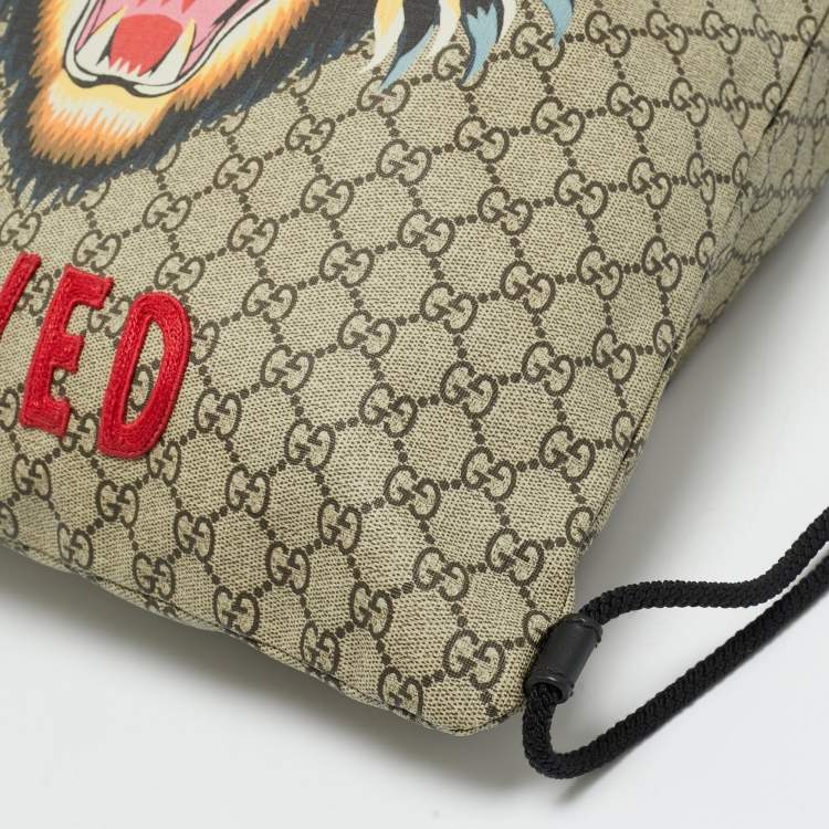 Pre Owned Gucci Angry Cat Beige/Black GG Supreme Canvas and Fabric Drawstring Backpacks