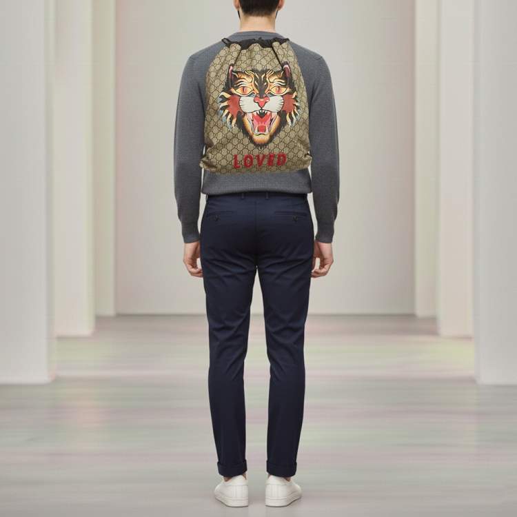 Pre Owned Gucci Angry Cat Beige/Black GG Supreme Canvas and Fabric Drawstring Backpacks