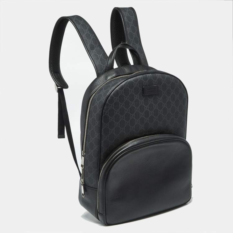 Pre Owned Gucci Medium Black GG Supreme Canvas and Leather Backpack