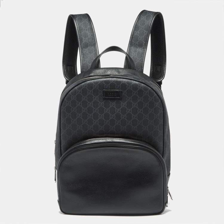 Pre Owned Gucci Medium Black GG Supreme Canvas and Leather Backpack