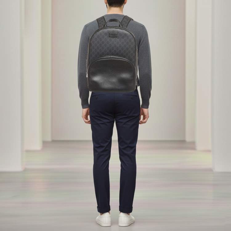 Pre Owned Gucci Medium Black GG Supreme Canvas and Leather Backpack