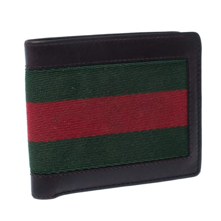 Pre Owned Gucci Brown Web Canvas and Leather Bifold Wallet