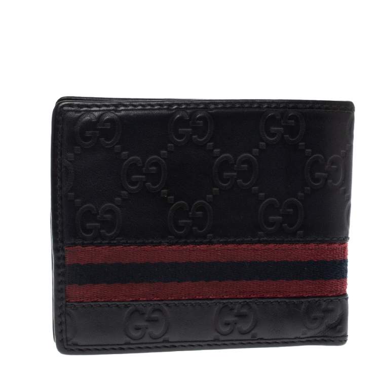 Pre Owned Gucci Black Guccissima Leather Web Bifold Wallet