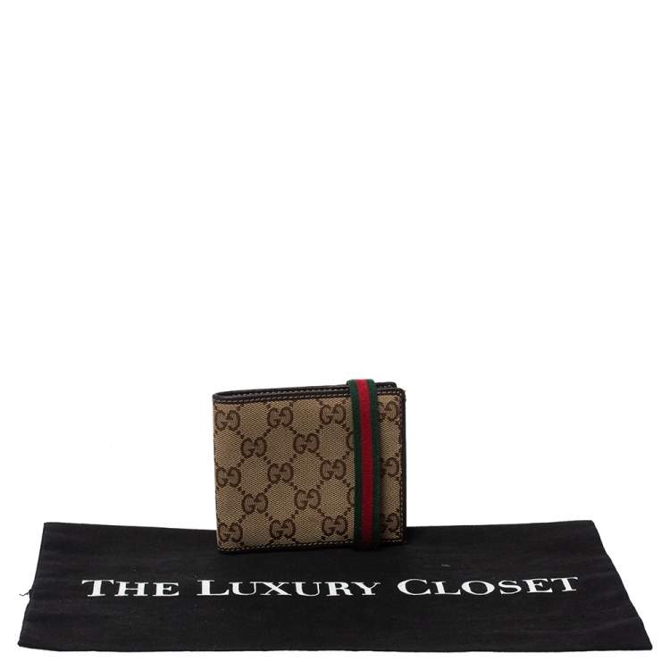 Pre Owned Gucci Beige/Brown GG Canvas and Leather Web Bifold Wallet
