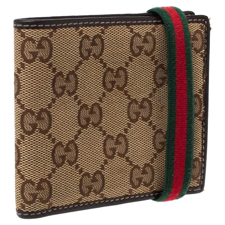 Pre Owned Gucci Beige/Brown GG Canvas and Leather Web Bifold Wallet