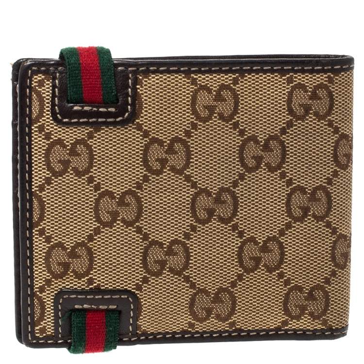 Pre Owned Gucci Beige/Brown GG Canvas and Leather Web Bifold Wallet