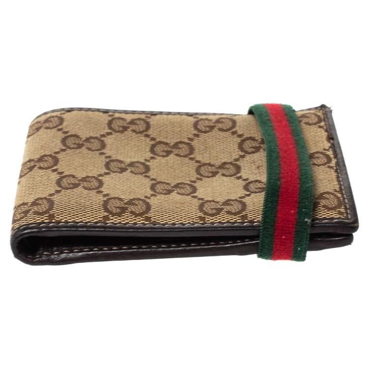 Pre Owned Gucci Beige/Brown GG Canvas and Leather Web Bifold Wallet