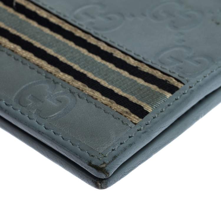 Pre Owned Gucci Blue Guccissima Leather Web Bifold Wallet