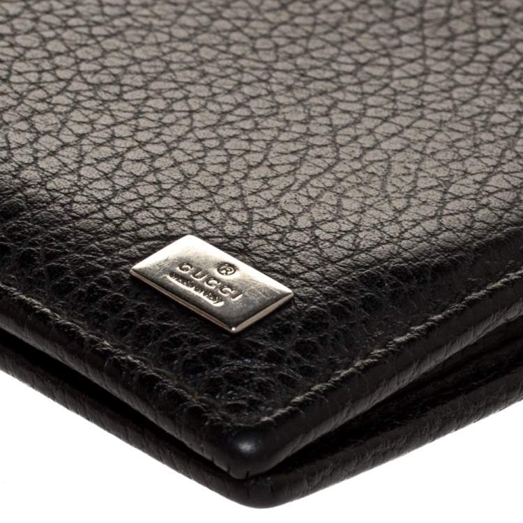 Pre Owned Gucci Black Leather Logo Plaque Bifold Compact Wallet