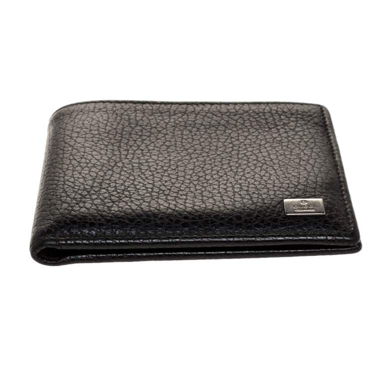 Pre Owned Gucci Black Leather Logo Plaque Bifold Compact Wallet