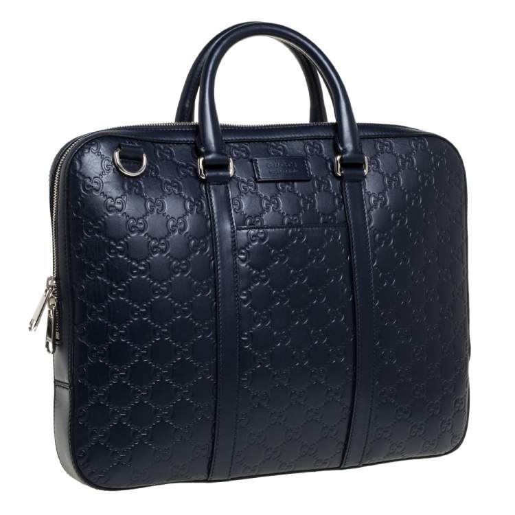 Pre Owned Gucci Navy Blue Guccissima Leather Briefcase
