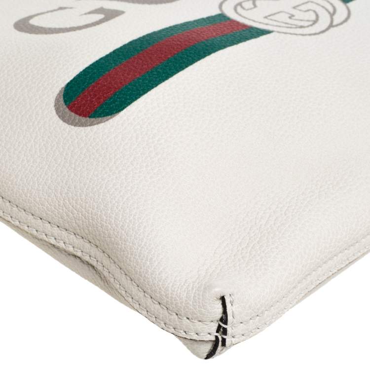 Pre Owned Gucci White Leather Logo Print Zip Pouch