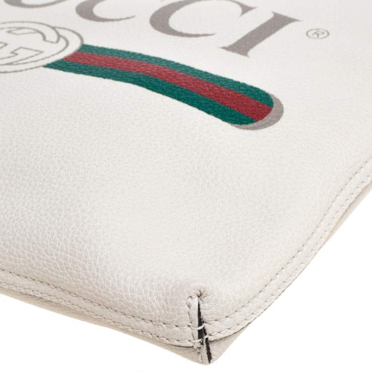 Pre Owned Gucci White Leather Logo Print Zip Pouch