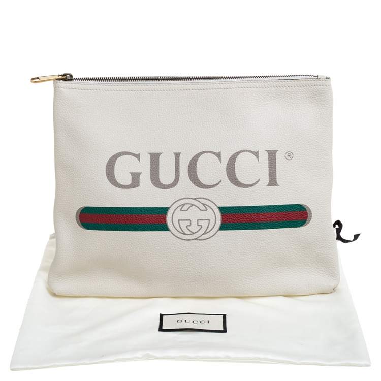 Pre Owned Gucci White Leather Logo Print Zip Pouch