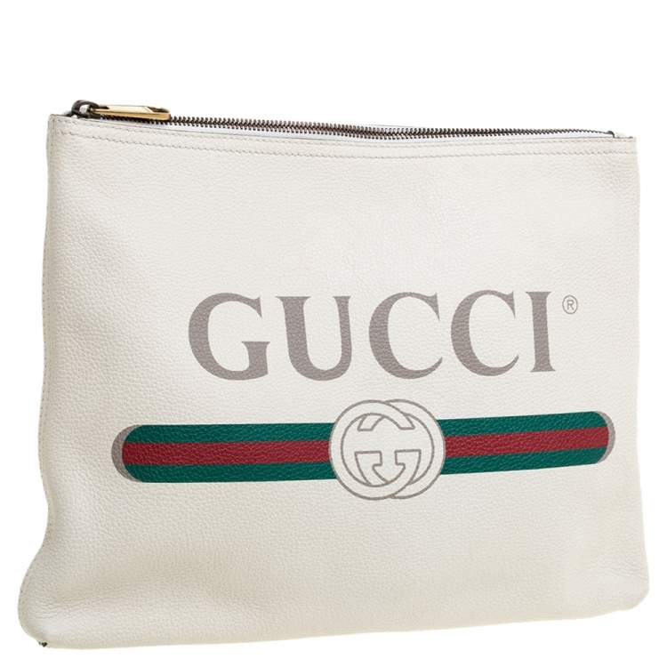 Pre Owned Gucci White Leather Logo Print Zip Pouch