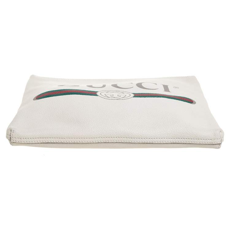 Pre Owned Gucci White Leather Logo Print Zip Pouch
