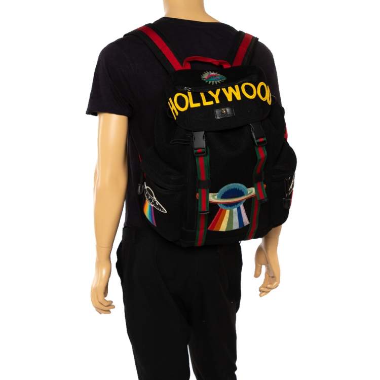 Pre Owned Gucci Black Mesh Fabric Hollywood Embroidered Backpack
