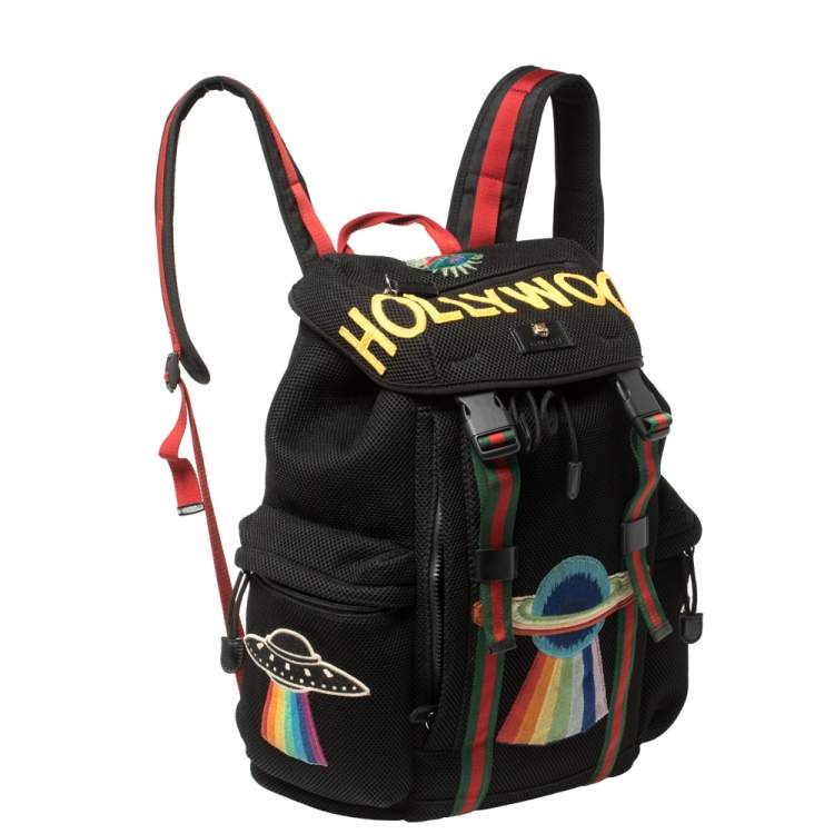 Pre Owned Gucci Black Mesh Fabric Hollywood Embroidered Backpack