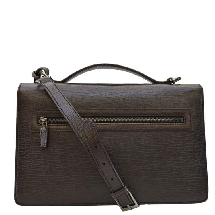 Pre Owned Gucci Brown Leather Top Handle Flap Briefcase Bag