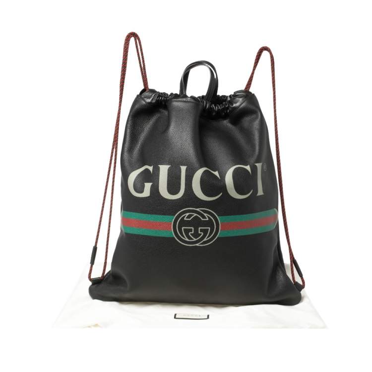Pre Owned Gucci Black Soft Grain Leather Logo Drawstring Backpack