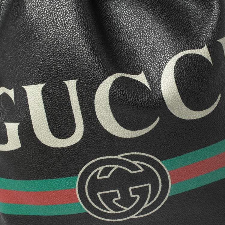Pre Owned Gucci Black Soft Grain Leather Logo Drawstring Backpack