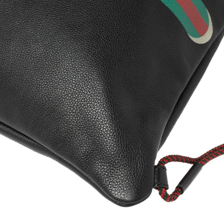 Pre Owned Gucci Black Soft Grain Leather Logo Drawstring Backpack