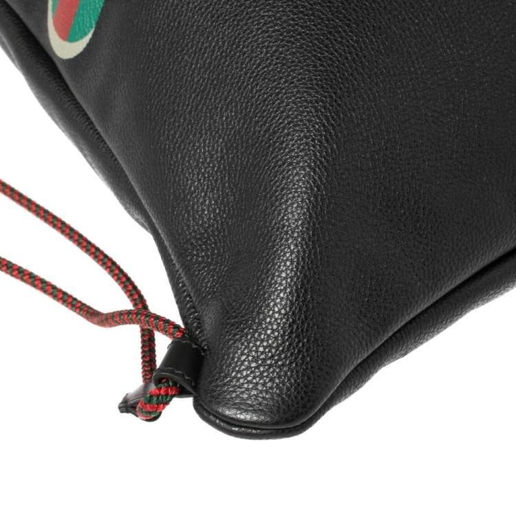 Pre Owned Gucci Black Soft Grain Leather Logo Drawstring Backpack