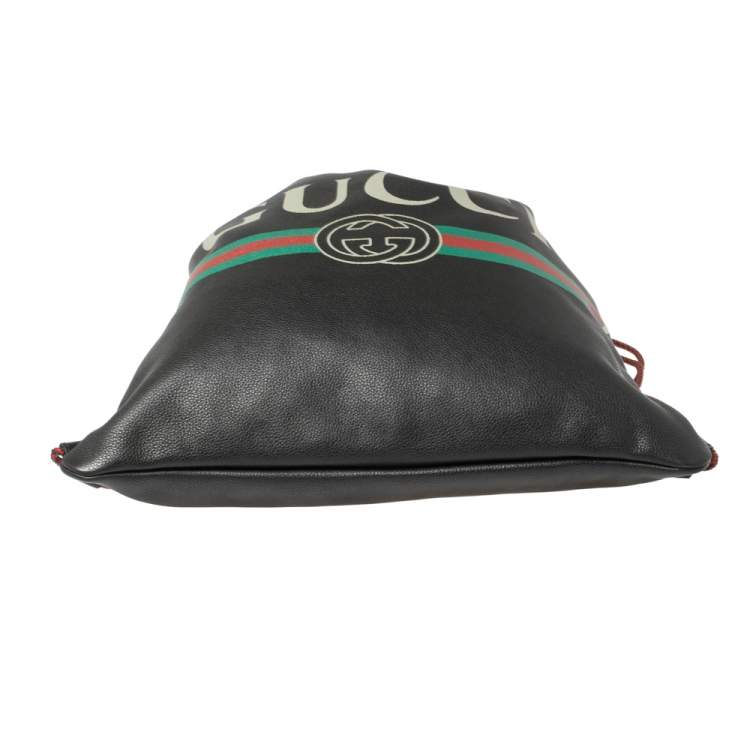 Pre Owned Gucci Black Soft Grain Leather Logo Drawstring Backpack