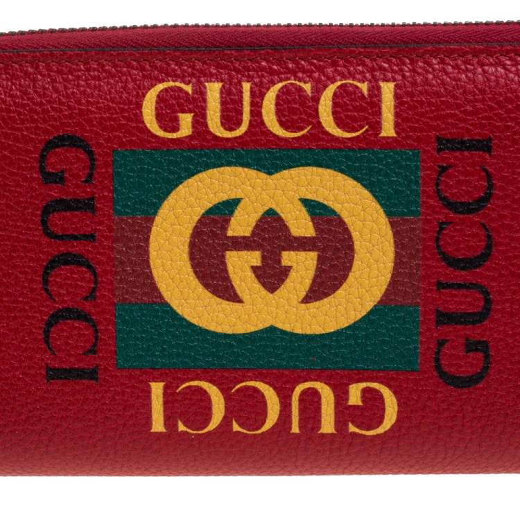 Pre Owned Gucci Red Grained Leather Logo Zip Around Continental Wallet