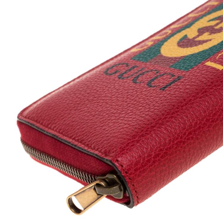 Pre Owned Gucci Red Grained Leather Logo Zip Around Continental Wallet