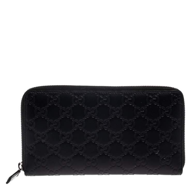 Pre Owned Gucci Black Guccissima Leather Zip Around Wallet