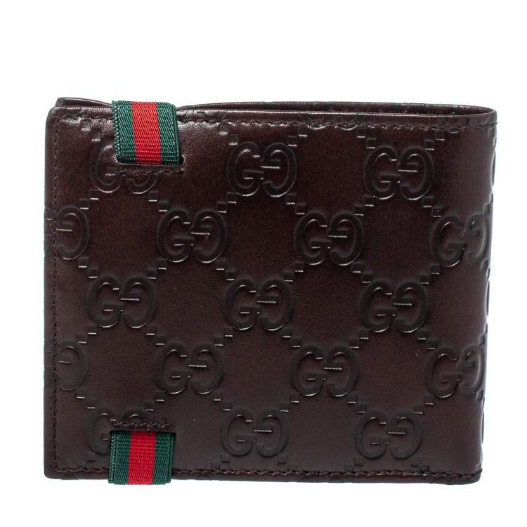 Pre Owned Gucci Dark Brown Guccissima Leather Web Detail Bifold Wallet