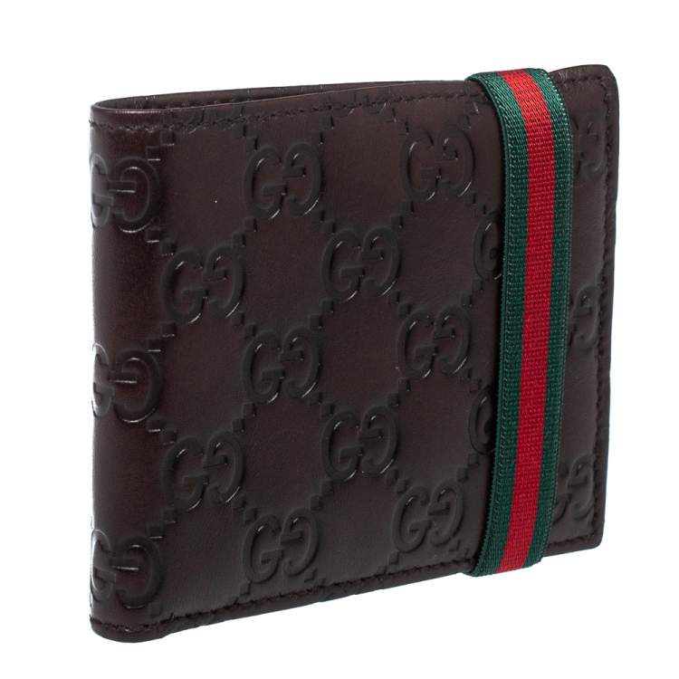 Pre Owned Gucci Dark Brown Guccissima Leather Web Detail Bifold Wallet