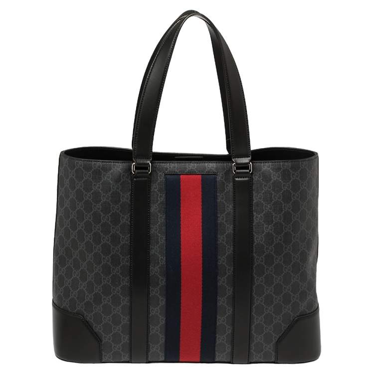 Pre Owned Gucci Black/Grey GG Supreme Canvas and Leather Web Tote 