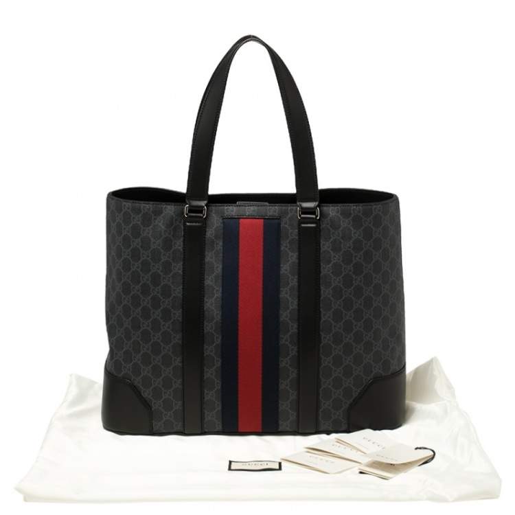 Pre Owned Gucci Black/Grey GG Supreme Canvas and Leather Web Tote 