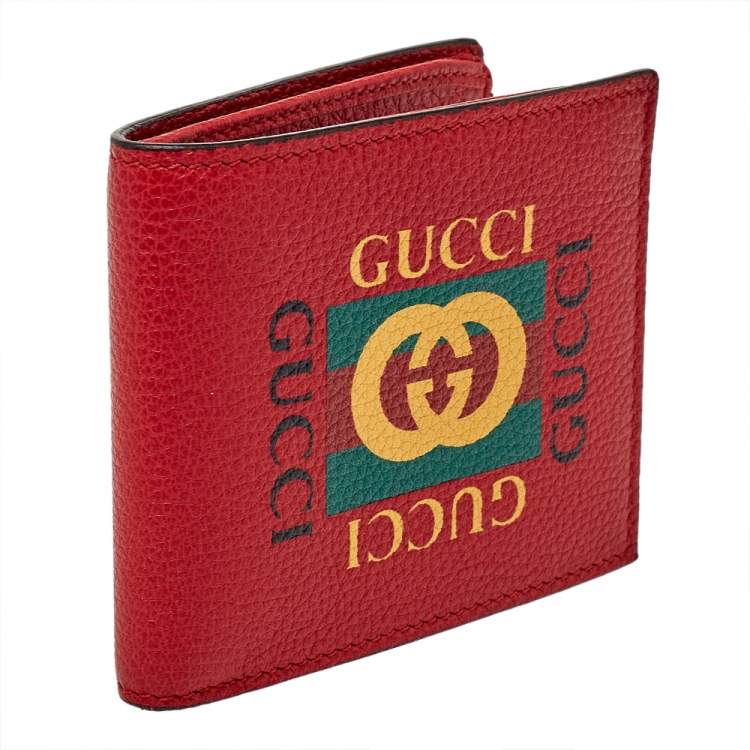 Pre Owned Gucci Red Leather Logo Bifold Wallet