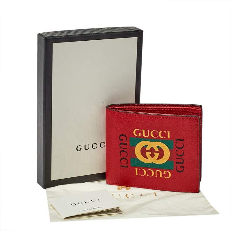 Pre Owned Gucci Red Leather Logo Bifold Wallet