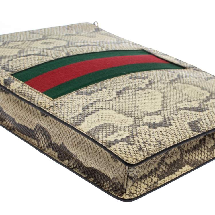 Pre Owned Gucci Beige Python Web Clutch Bag