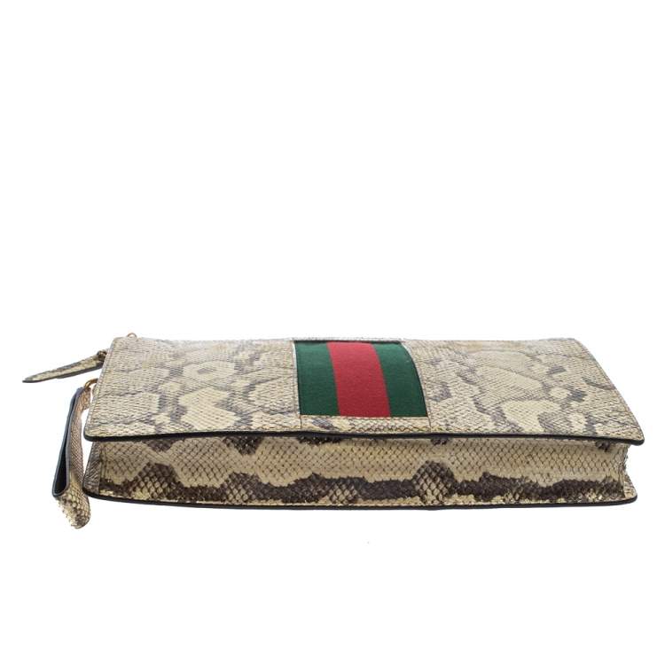 Pre Owned Gucci Beige Python Web Clutch Bag