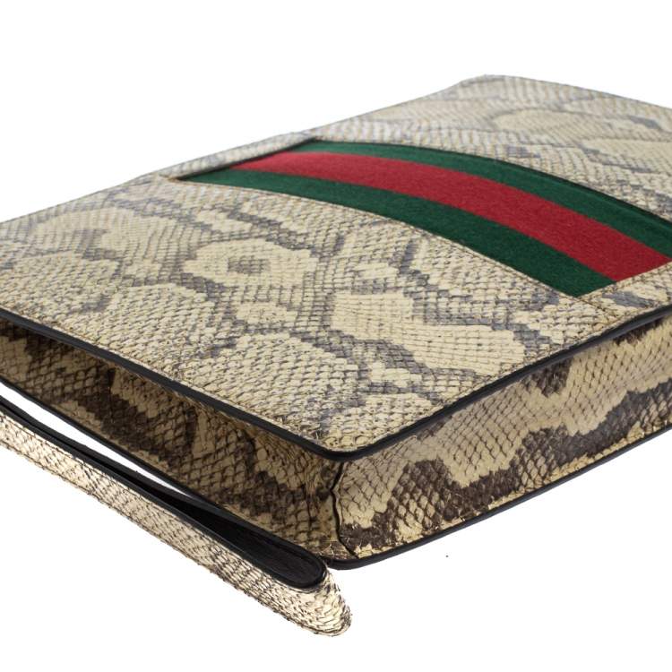 Pre Owned Gucci Beige Python Web Clutch Bag