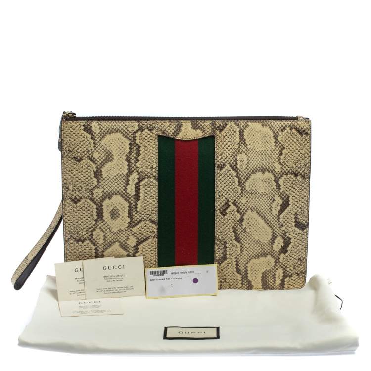 Pre Owned Gucci Beige Python Web Clutch Bag