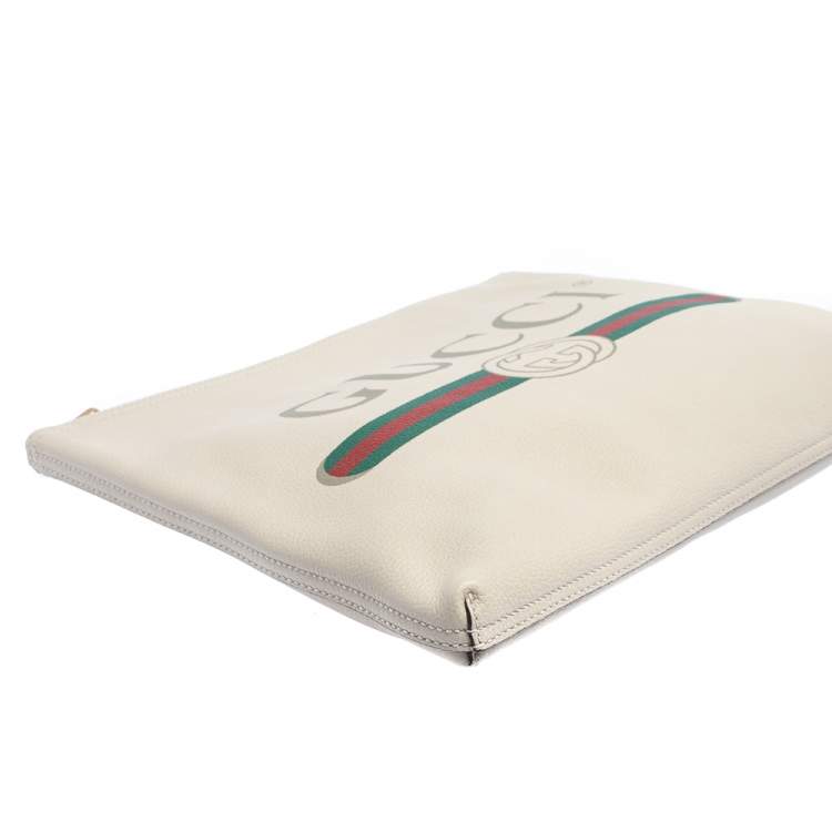 Pre Owned Gucci White Leather Logo Print Zip Pouch