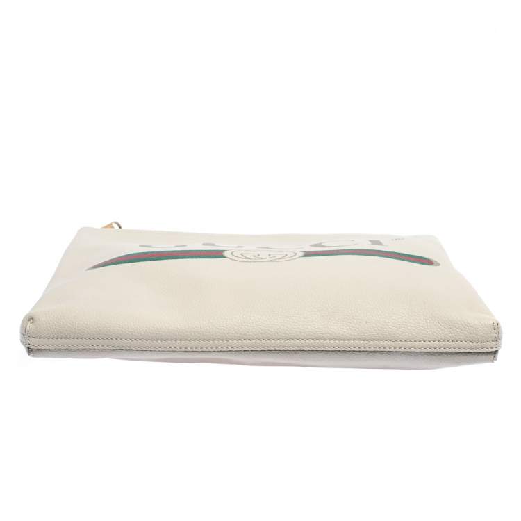 Pre Owned Gucci White Leather Logo Print Zip Pouch