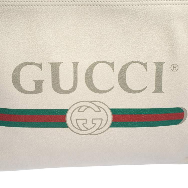 Pre Owned Gucci White Leather Logo Print Zip Pouch