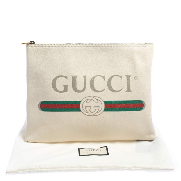 Pre Owned Gucci White Leather Logo Print Zip Pouch