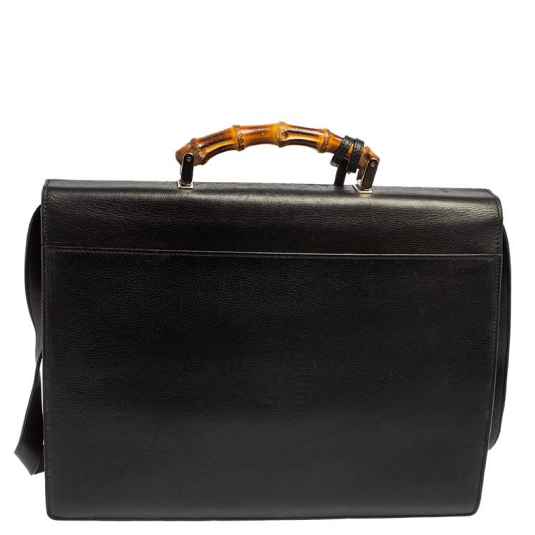 Pre Owned Gucci Black Leather Bamboo Handle Briefcase