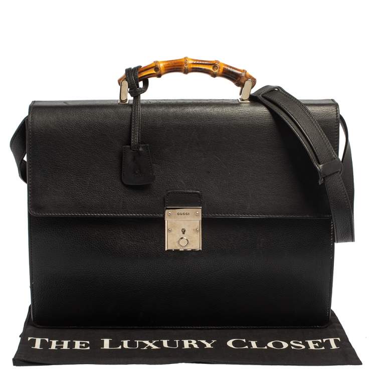 Pre Owned Gucci Black Leather Bamboo Handle Briefcase
