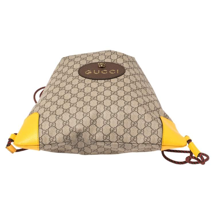 Pre Owned Gucci Beige/Mustard GG Supreme Canvas and Leather Neo Vintage Drawstring Backpack