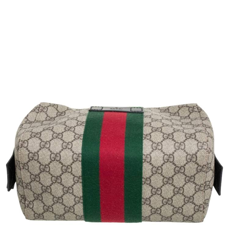 Pre Owned Gucci Black/Beige GG Supreme and Leather Web Toiletry Pouch